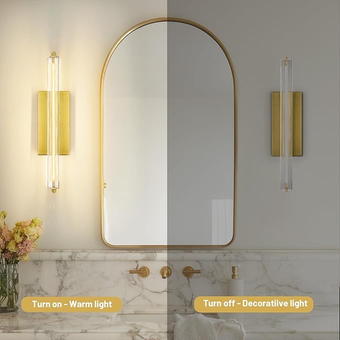 Crystal Wall Sconce, 19'' Brass Bathroom Wall Sconce, Modern Single Sconce Wall Lighting, Upgrated K9 Crystal Gold Wall Light, Bedroom Vanity Sconce, Wall Lamp for Living Room, Stairway, Hallway