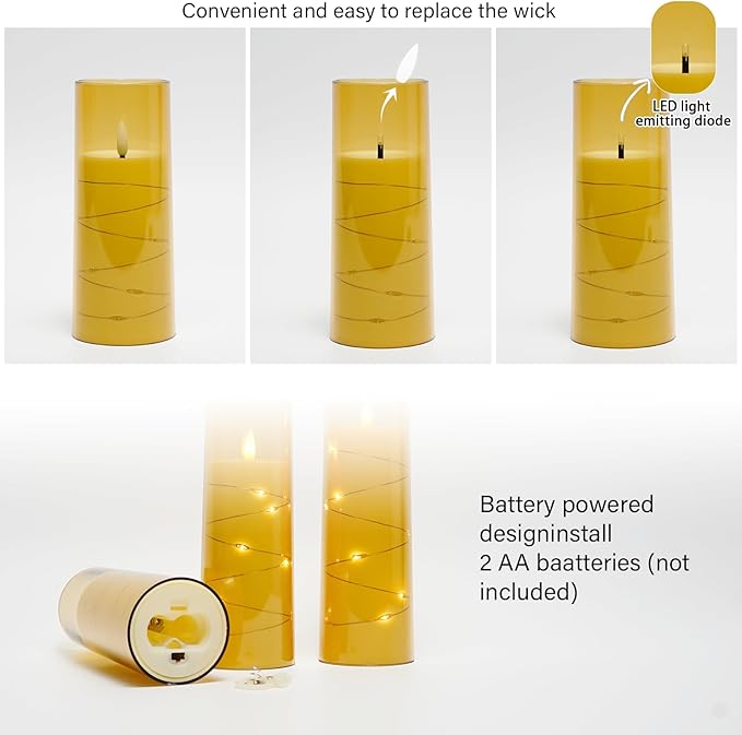 Flameless LED Candles with Timer 5 Pc Flickering Flameless Candles for Romantic Ambiance and Home Decoration Stable Acrylic Shell,with Embedded Star String，Battery Operated Candles（Gold）
