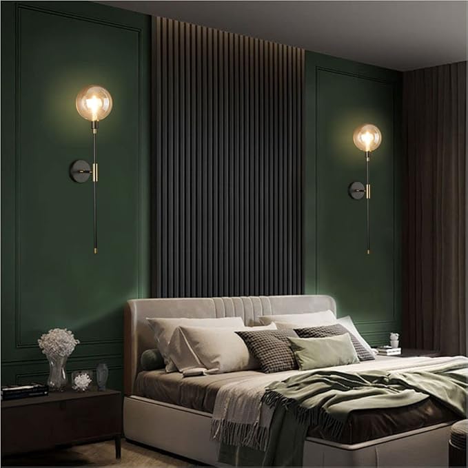 KCO Lighting 1-Light Sconces Wall Light Gold Black Modern Wall Mounted Sconce Globe Glass Shade Wall Lamp with Long Arm for Bedroom Hallway (Amber,2 Pack)