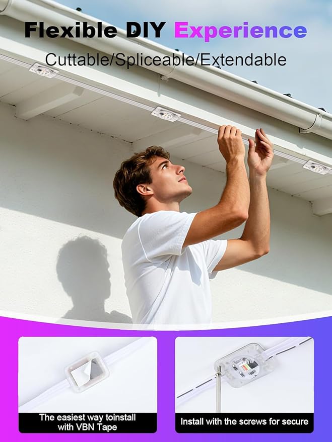 Permanent Outdoor Lights for House,200ft RGB+IC Smart Outdoor Decor, 50 Scene Modes,App/Remote Control,IP67 Waterproof,for Christmas,Halloween,Daily & Holiday Party Decor,House Roof Lighting