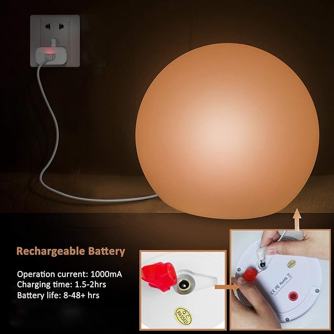 10 inch Rechargeable LED Ball Light, Dimmable LED Globe Light w/Remote, 16 RGB Colors Changing LEDs Globe Mood Lights, IP65 Waterproof Floor Lamp for Backyard Patio Garden Wedding Party Home