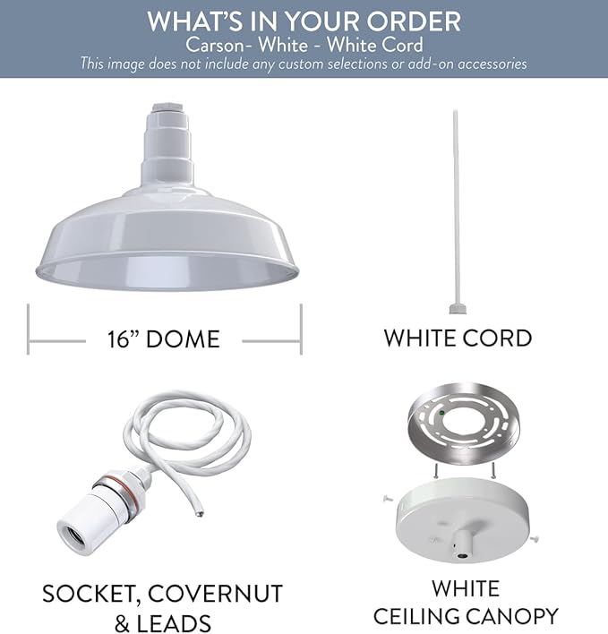Steel Lighting Co. Carson Barn Light | Ceiling Mounted Pendant | 16 inch Dome | White Cord | Industrial Style Steel Light Made in America | White Exterior/White Interior