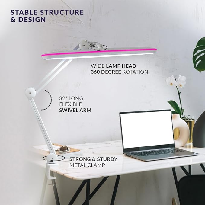 Neatfi XL 2,200 Lumens LED Desk Lamp, 23 Inch, 24W, Adjustable Arm, Dimmable, Eye Caring, Nail Light for Home, Office, and Study Room (Non-CCT with Clamp, White with Pink Ring)