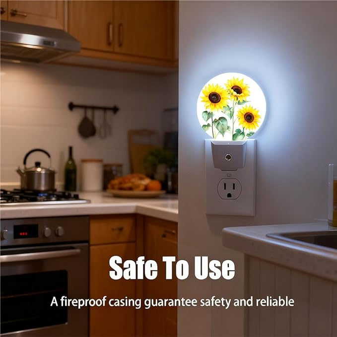 Plug-in Watercolor Sunflower Bouquet Night Light Yellow Blooms Floral Night Lights Plug into Wall with Auto on/Off Sensor, 0.5W LED Nightlight for Bedroom Bathroom Kitchen Hallway