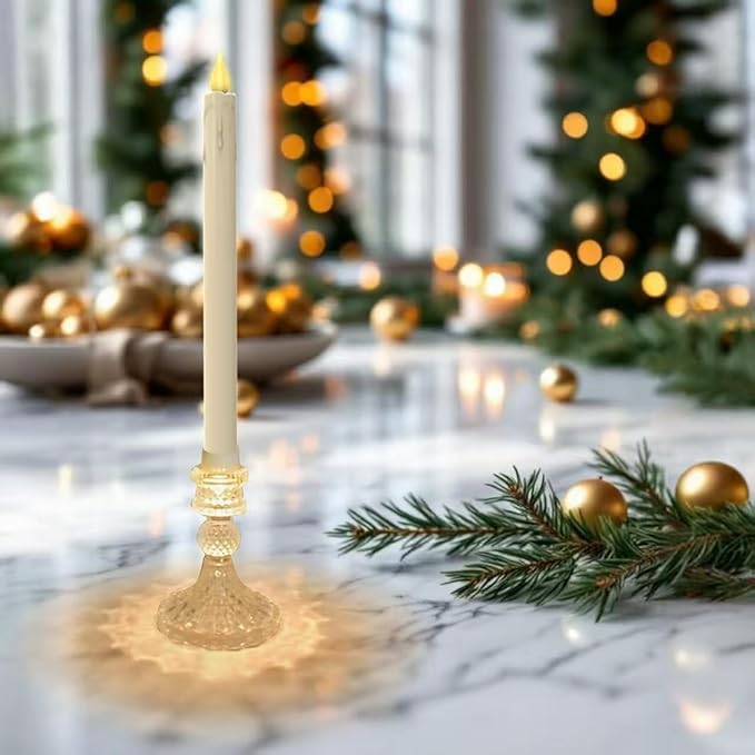 Flameless LED Taper Candles with Diamond Base Light - Hexagon Glass Holder, Remote Timer 2AA Battery Operated 500+ Hours for Thanksgiving/Xmas Decor, Wedding Centerpiece (Ivory, 6 Pack)