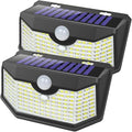 HMCITY 120 LED Outdoor Solar Lights with Motion Sensor and 3 Lighting Modes, IP65 Waterproof Wide Solar Wall Lights Ideal for Garden Patio Yard (Front Button 2Packs, Daylight White, 6500K)