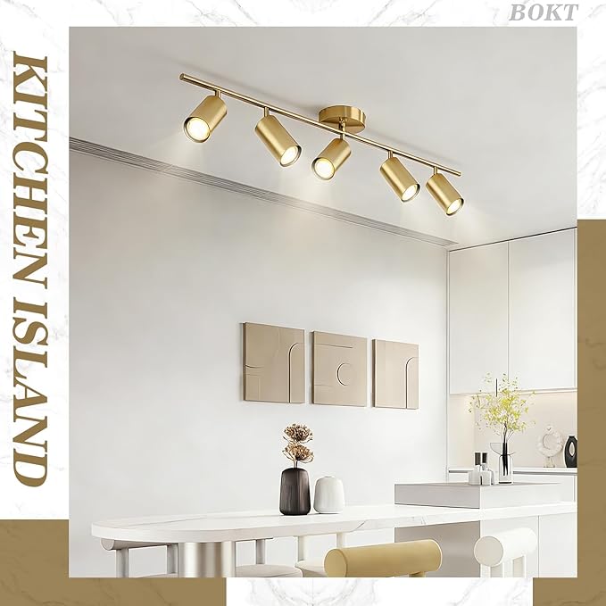 BOKT 5-Light LED Track Lighting Fixtures Ceiling Gold Modern 5 Way Spotlight Fixture Indoor Spot Lighting Mid Century Vintage Linear Kitchen Track Lighting Kit Brushed Brass Picture Light