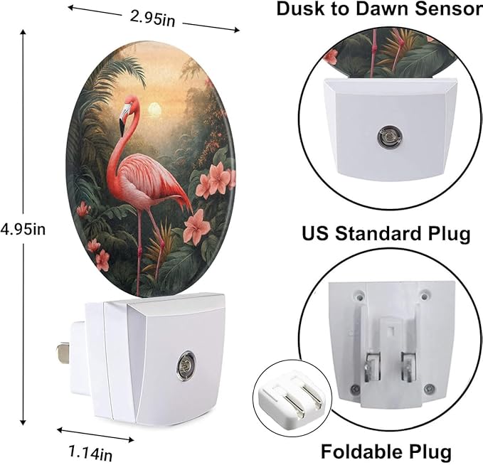 Plug-in Pink Flamingo Night Light Tropical Foliage and Flowers Night Lights Plug into Wall with Auto on/Off Sensor, 0.5W LED Nightlight for Bedroom Bathroom Kitchen Hallway