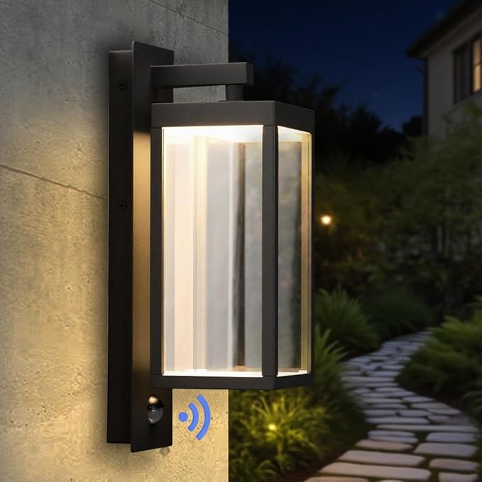 Motion Sensor Outdoor Wall Light LED Wall Sconce Black Mount Waterproof Exterior Light Fixture Aluminum Porch Lamps for Patio Entryway Doorway Fence Garage, 750LM 3000K