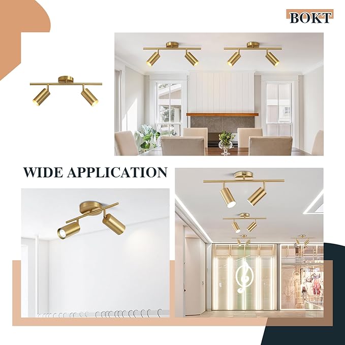 BOKT Mid Century Modern 2-Lights LED Track Lighting Kit 2 Ways Gold Flush Mount Ceiling Spotlight Brushed Brass Adjustable Angle Track Lighting Fixture