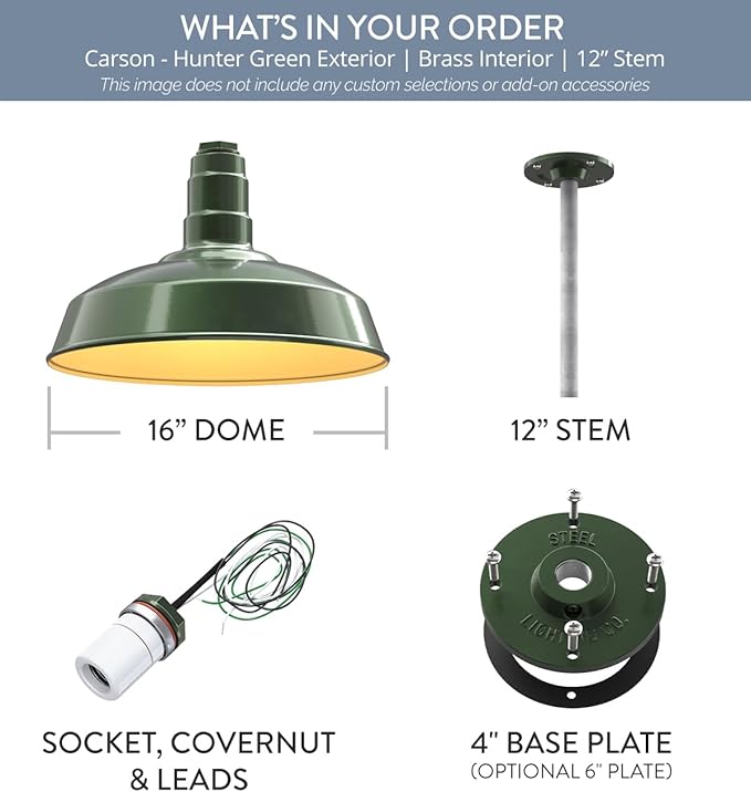 Steel Lighting Co. Carson Barn Light | Ceiling Mounted Pendant | 16 inch Dome | 12" Galvanized Stem | Industrial Style Steel Light Made in America | Hunter Green Exterior/Brass Interior
