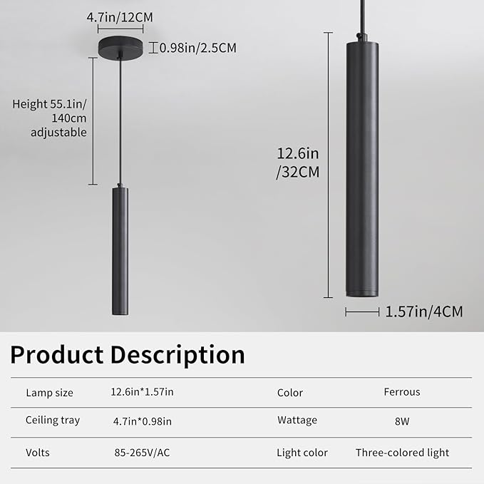 2 Pack Mini Kitchen Island Pendant Light, LED Minimalist Ceiling Hanging Light, 3 Color 3000K/4500K/6500K, Adjustable Height, Black Modern Linear Lamp Lighting for Dining Room, Bedroom, Bar