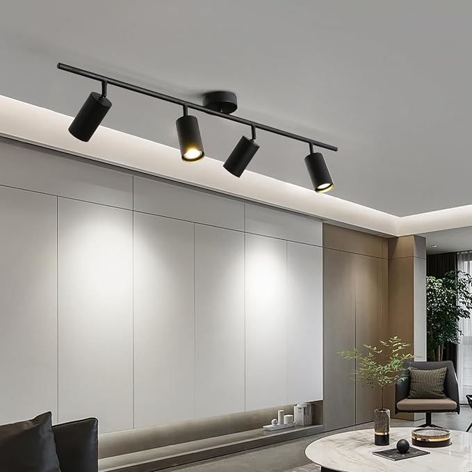 BOKT Matte Black Track Ceiling Light Modern 4-Lights LED Track Lighting Kit Farmhouse 4 Ways Flush Mount Ceiling Spotlight Vintage Adjustable Track Lighting Fixture