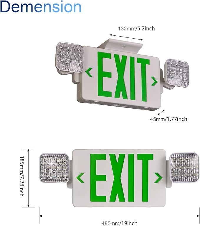 CM MZY Green Exit Sign with Emergency Light, Two Adjustable Square Head,Exit Signs with Battery Backup,Exit Light Combo for Business,US Standards,UL Certified,120V/277V AC,2 Pack