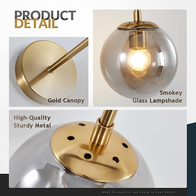 BOKT Mid Century Modern Wall Sconce Gold Wall Sconce Light Smoke Gray Glass Round Wall Lighting Fixture Brushed Brass Minimalist Adjustable Bar Wall Lamp (Gold+Smoky Grey)