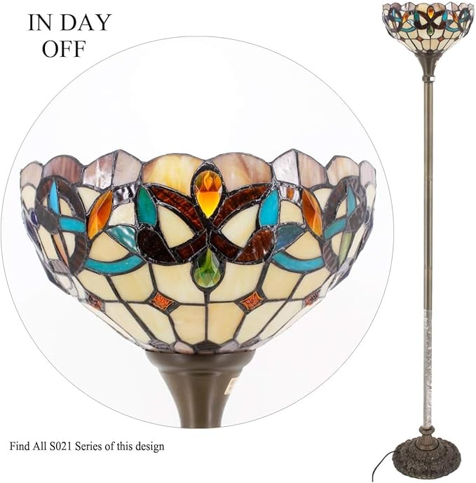 WERFACTORY Tiffany Floor Lamp Serenity Victorian Stained Glass Light 12X12X71 Inches Pole Torchiere Standing Corner Torch Uplight Decor Bedroom Living Room Home Office S021 Series