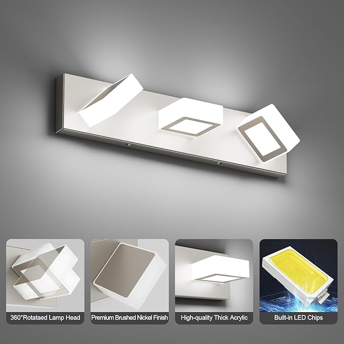 Ralbay 3-Light Brushed Nickel Bathroom Vanity Lights Metal Acrylic LED Modern Bathroom Wall Lighting Fixtures