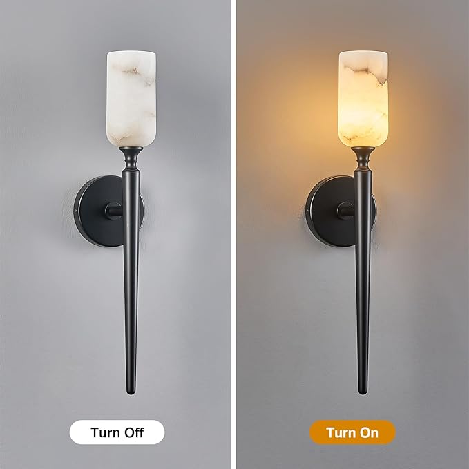 LMQNINE Natural Alabaster Wall Sconce Modern Black Wall Light Bathroom Sconce Wall Decor Antique Marble Sconces Wall Lighting for Bedroom Living Room Entryway Hallway Staircase