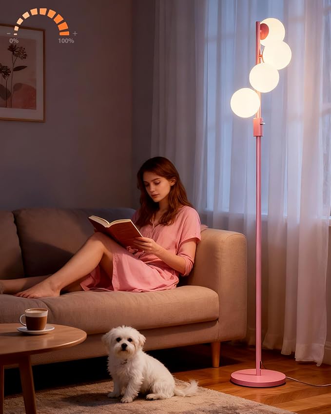Lightdot 64IN Dimmable (Brightness Adjustable) Globe Floor Lamp, Pink Standing Lamps with 4PCS 3000K G9 Bulbs Soft Warm White Eye Care, Mid Century Modern Floor Lamp for Living Room