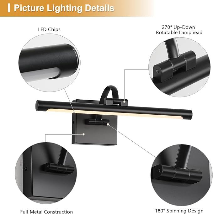 Black Picture Lights for Wall Dimmable Art Lights for Paintings Hard-Wired LED Painting Light Gallery Light for Portrait, Artwork, Frame 15.75 Inch 7W Warm White