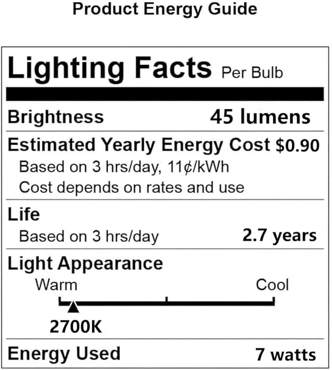 7 Watt Night Light Bulbs and Salt Lamps Replacement Bulbs,C7/7 Watt/120 V/45 Lumen,E12 Candelabra Base Light Bulbs,Warm White - Dimmable,12 Pack
