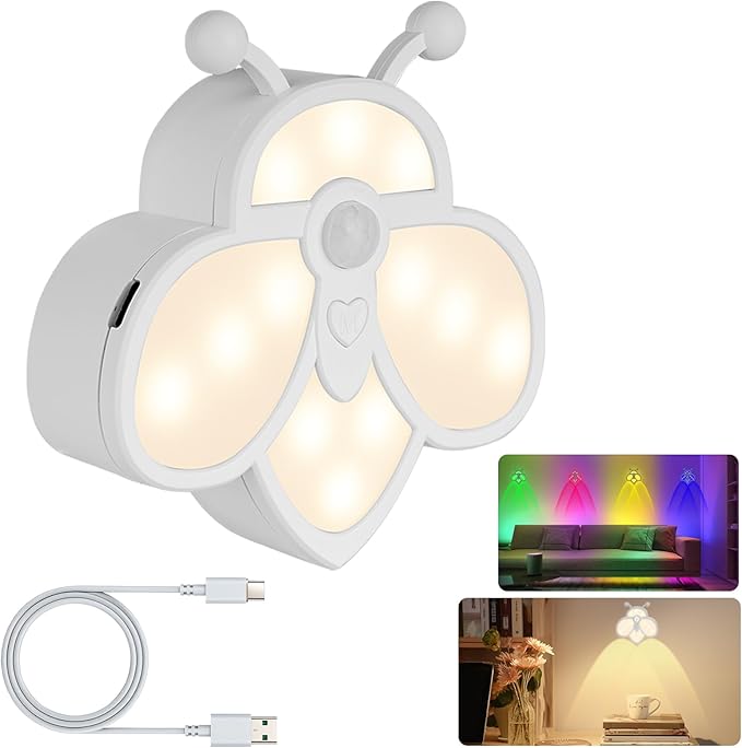 Rechargeable Motion Sensor Night Light for Kids | Warm White & RGB | Cute Bee Design | Magnetic Mount | Indoor Light for Bedroom, Kids' Room, Stair, Bathroom(White, 1 Pack)