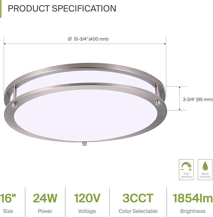 ASD LED 16" Round Flush Mount Lighting, Close to Ceiling Light Fixture | 3CCT, Dimmable, Energy Star, ETL Listed | 24W 1900LM 3000-5000K 120V | Low Profile Double Ring Lamp | Nickel, 2 Pack