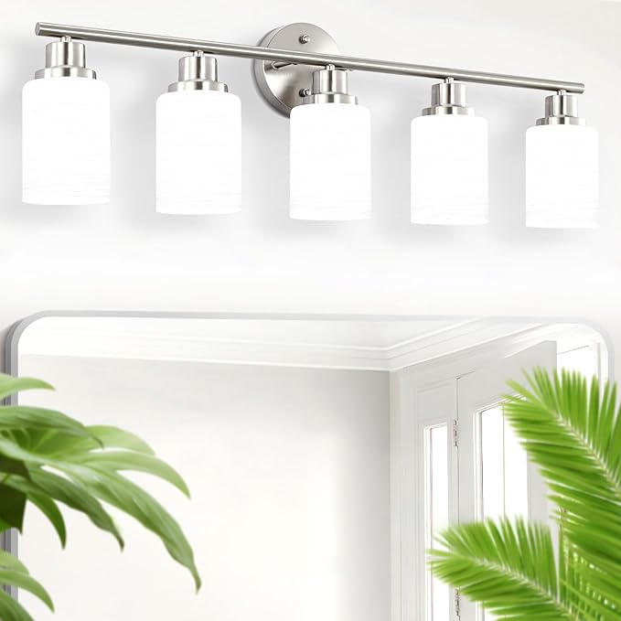 5-Light Brushed Nickel Vanity Lights, Bathroom Light Fixtures with Textured Milky White Glass Shade, Modern Bathroom Lighting Fixtures Over Mirror Wall Sconce Light - E26 Base