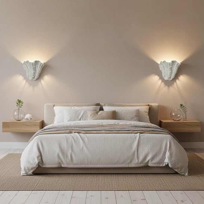 Modern Nordic Shell Wall Sconce, White Plaster LED Uplight (3000K Warm), Unique Seashell Design, Indirect Ambient Lighting for Bedroom, Living Room, Dining Room, Hallway Decor.(30cm/11.81")