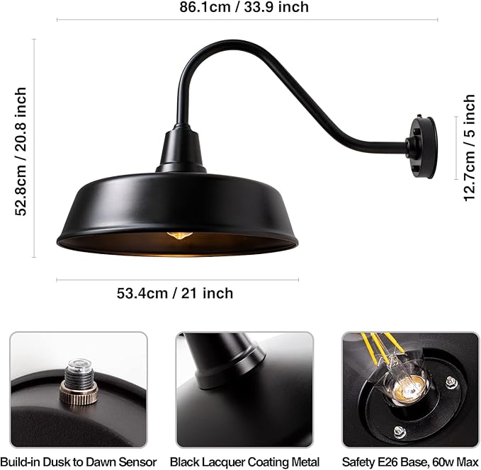 21 inch Barn Lights Outdoor Gooseneck Lighting, Dusk to Dawn Black Exterior Barn Lights, Farmhouse Wall Lighting Fixtures with Sensor for Porch Garage (2, 21" Diameter)