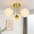3-Light Modern Gold Ceiling Light with Globe White Glass Shade Mid Century Semi Flush Mount Ceiling Light Sputnik Chandeliers for Bedroom Living Room Dinning Room Foyer Hallway