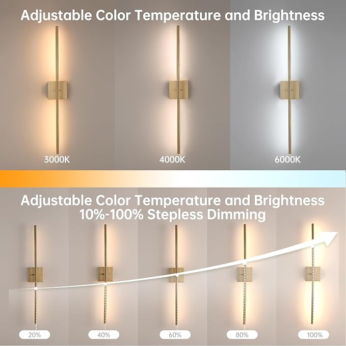 Battery Operated Wall Sconce Set of 2, 10400mAh Rechargeable Wall Sconces, 3000K-6000K Dimmable, 350°Rotate, Indoor Wall Lights for Bedroom Living Room Bathroom, Gold, 31.5 Inch