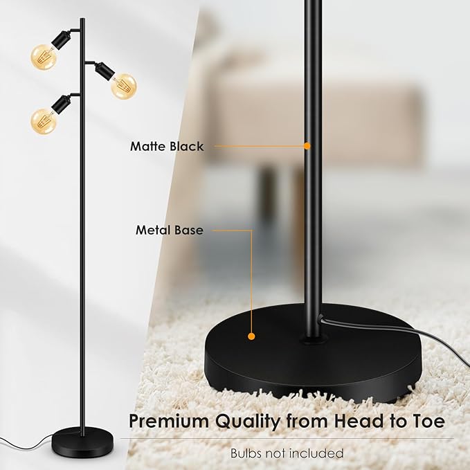 BoostArea Floor Lamp, Industrial Floor Lamp, Modern Tree Standing Lamp with Adjustable 3 Light, E26 Socket, Foot Switch, Minimalist Metal Stand Up Lamp Pole Lamps for Living Room, Bedroom (No Bulbs)