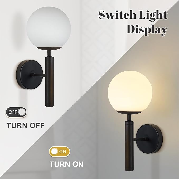KCO Lighting Modern Wall Sconce Golden Mid Century Industrial Matte Globe Glass Wall Light for Bedroom Vanity Light (Black)