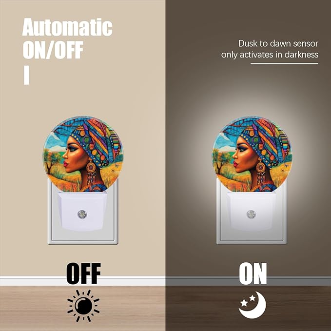 LED Night Lights Lamp with Dusk to Dawn Sensor, African Woman with Strong Ethnic Style Night Light Plug Into Wall for Kids Room, Bedroom, Bathroom, Kitchen, Hallway