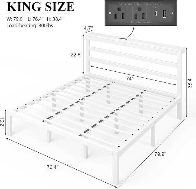 King Size Bed Frame with Storage Headboard, Industrial Platform Bed with Charging Station and LED Lights, Underbed Storage Space, No Box Spring Needed, Easy Assembly, Modern, White