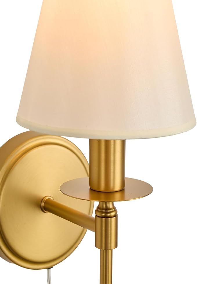 Plug in Dimmable Wall Lamp,Plug-in or Hardwired Installation Wall Sconce with Beige Fabric Shade for Wall Painting,Modern Living Room, Bedroom, Hallway,Led Bulbs Included-(Copper Color)