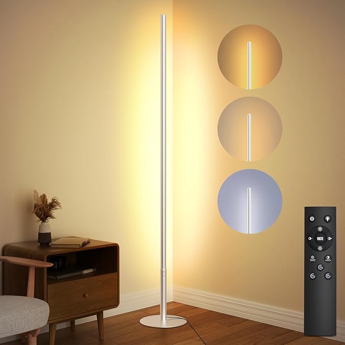 LED Corner Floor Lamp for Living Room, Minimalist Light with Remote Control, Stepless Adjustable 2700k-6500k Colors & Brightness, Modern Reading Bright Light, 58" Standing Lamp for Bedroom Home Office