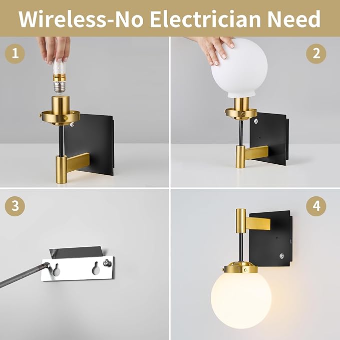Rechargeable Battery Wall Sconce 2 - Wireless, 3 Color Temperature, Dimmable, Remote, Touch Control for Living Room, Bedroom Black Gold with White Lampshade 2 Pack