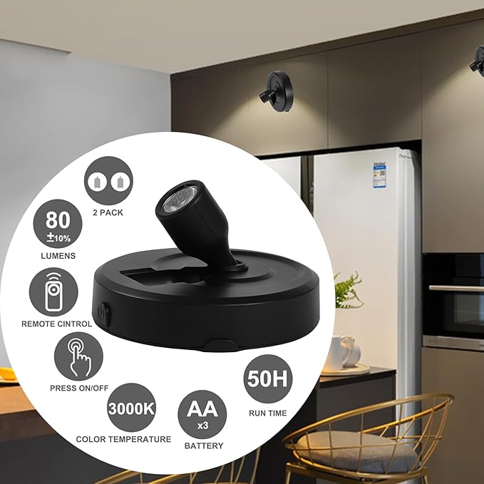 2-Pack Cordless Spotlight Battery Operated Picture Lights, LED Display Puck Lights with 2 Remote, Dimmable Accent Lighting Stick on Uplight for Wall Painting Gallery Art Dartboard Plants