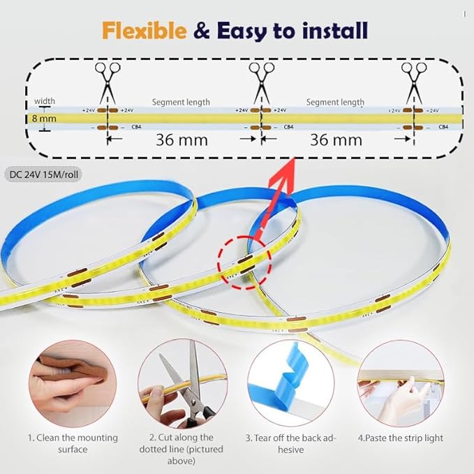 50ft 4000K DC 24V COB LED Strip Light ETL Listed, 0-100％ Brightness Dimmable Bright Warm White Led COB Strip Light, Led Strip Light for Stair, Cabinet, Room(Include AD/DC Adapter and Remote)