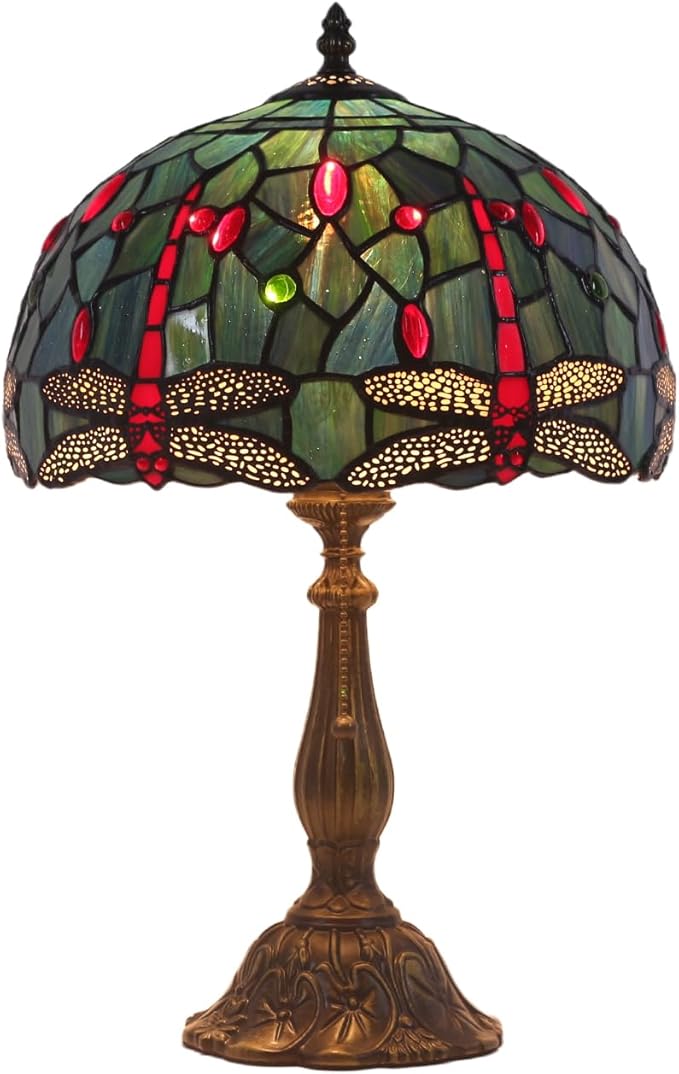 Stained Glass Table Lamp,12x12x19 Inch Antique Table Lamp for Tiffany Style Bedroom、Living Room、Home、Office Decor Lamp(Red Dragonfly)