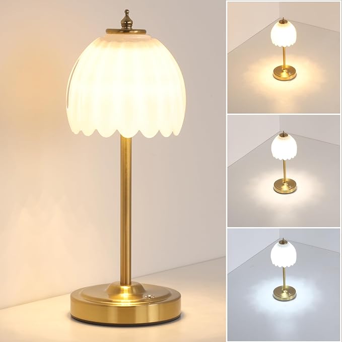 Tulip Table Lamp with 5000mAh Battery & Touch Control, Small Cordless Table Lamp with 3 Colors, Dimmable Rechargeable Battery Operated Table Lamps for Bedroom, Bedside, Desk (White Tulip)