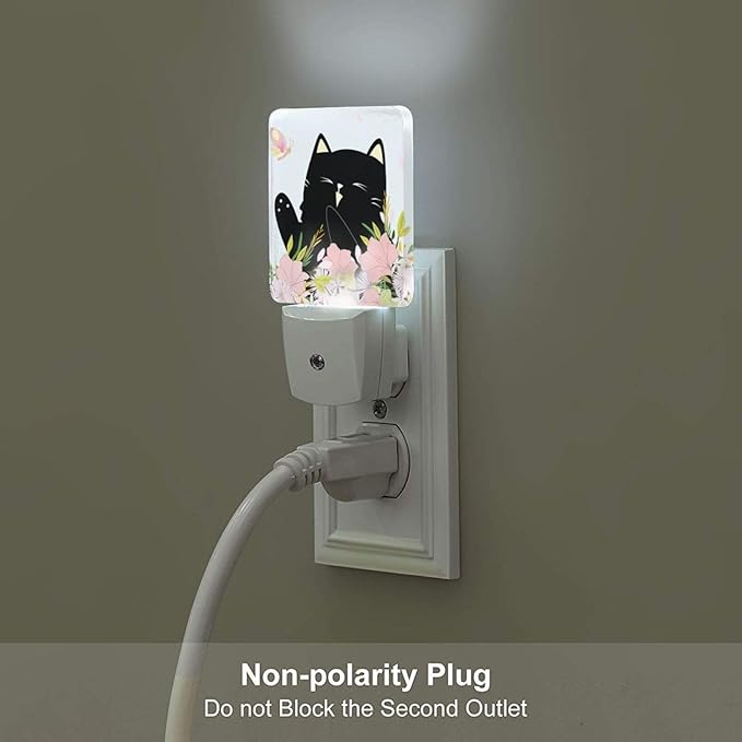 Black Cat and Flowers Night Light,Plug Into Wall for Boys Girls Bedroom Decorative Square Night Light Lamp 0.5w Sleep Friendly