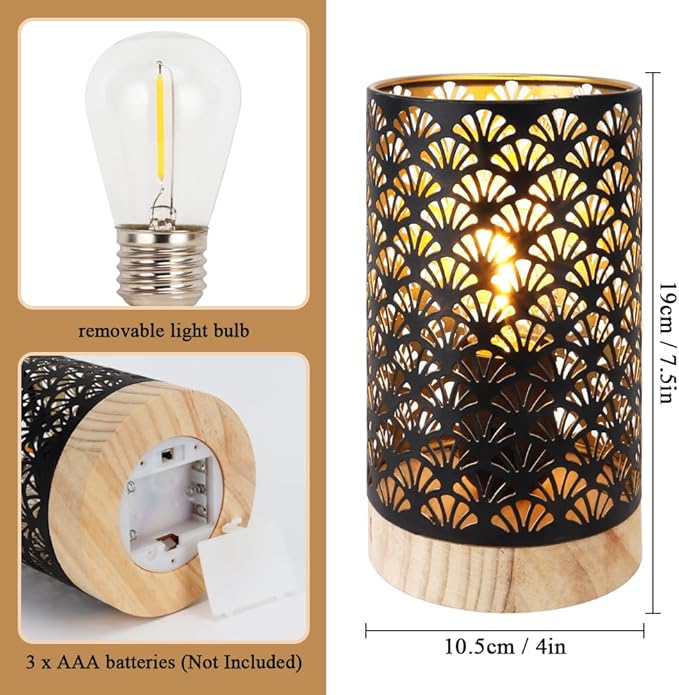 JHY DESIGN Metal Lamp Battery Powered 7.5''H Accent Cordless Lamp with 6-Hours Timer Battery Lamp for Weddings Party Patio Garden Indoors Outdoors Table Balcony（with Wooden Base）