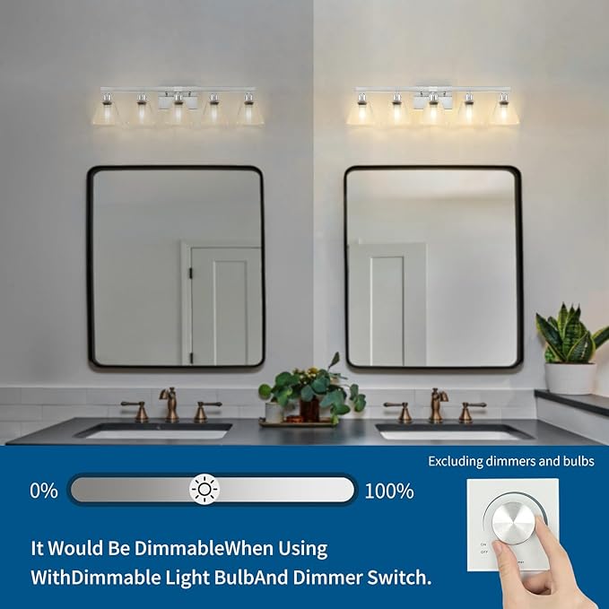 5-Light Modern Bathroom Vanity Lights, Nickel Bathroom Light Fixtures with Clear Glass Shade, Farmhouse Wall Sconces for Mirror Kitchen Bedroom Living Room