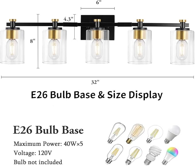 Bathroom Vanity Light 5 Light, Black and Gold Bathroom Lights Over Mirror, Black Gold Vanity Lights Fxitures with Clear Glass Shade, E26