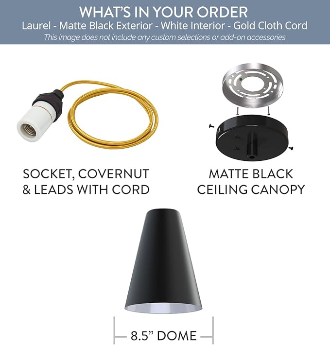 Steel Lighting Co. Laurel Pendant Light | Ceiling Mounted | 8.5 inch Cone Shade | Modern Contemporary Farmhouse Style Made in America | Gold Cloth Cord | Matte Black Exterior/White Interior