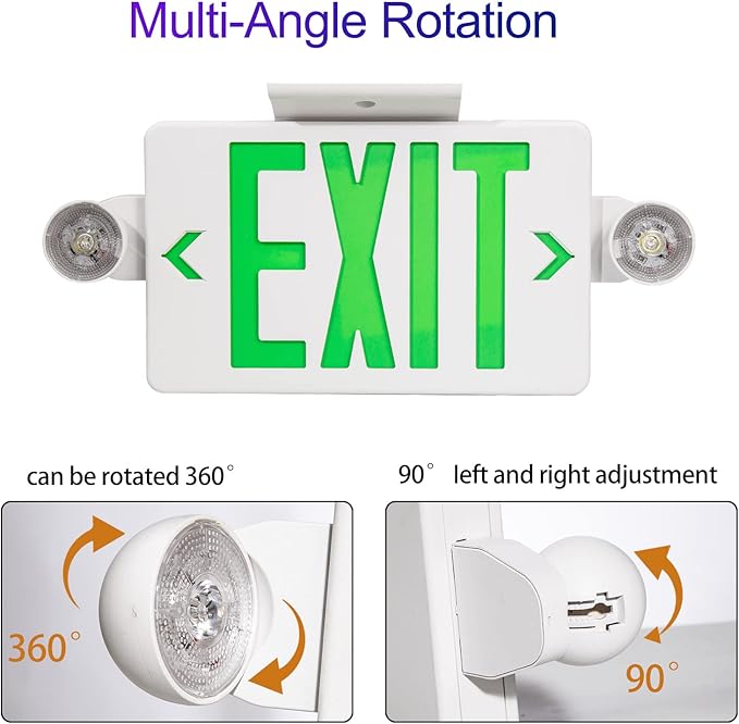 CM MZY Exit Sign with Emergency Light, Exit Signs with Battery Backup,Green Exit Lighting,Combo for Business,Two Adjustable Head,US Standards,UL Certified,AC 120V/277V,6 Pack