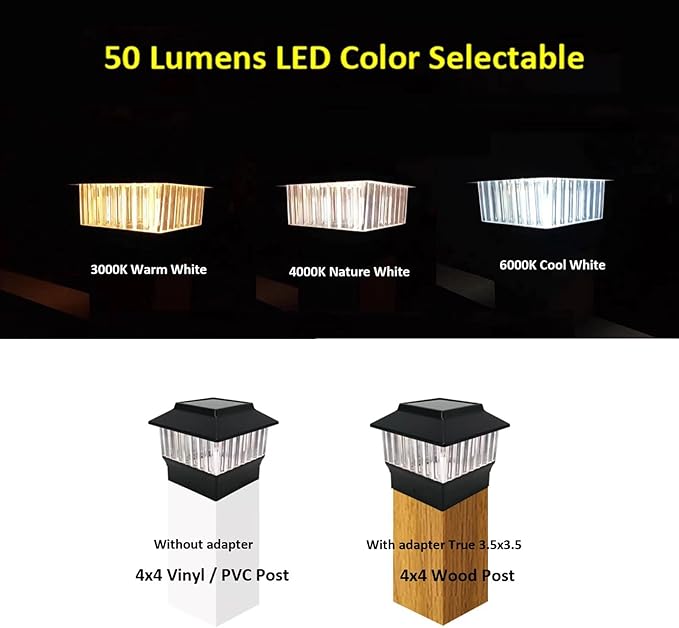 6-Pack Solar Post Cap Lights for 4"x4" Posts & 3.5"x3.5" Wood Posts, 50 Lumen 3-Color Adjustable (3000K/4000K/6000K), Waterproof LED Lamps, Black Matte Finish, No Wiring Needed - Auto On/Off